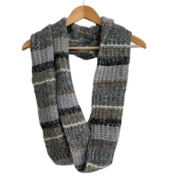 Alashan Cashmere Luxe 100% Gray Striped Circle Scarf Knit Soft Warm - Picture 1 of 4